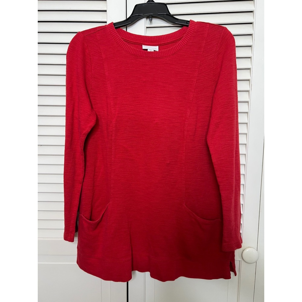 J Jill Red Tunic S Crew Neck Patch Pockets Side Slits Cozy Holiday Knit